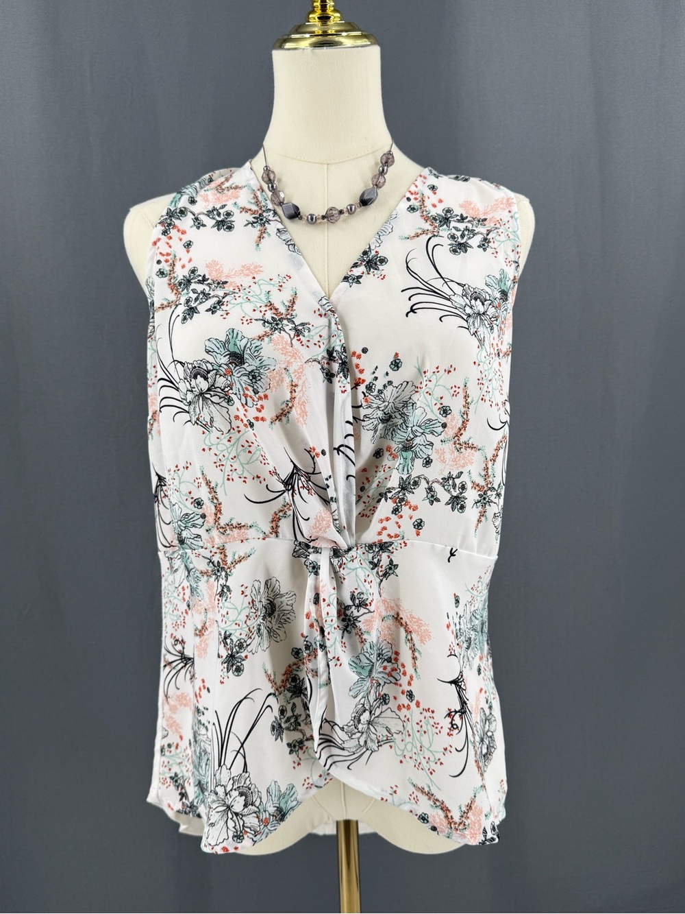 Maurices White Floral Tie-Front Camisole with Pink and Green Accents